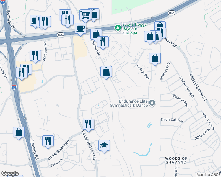 map of restaurants, bars, coffee shops, grocery stores, and more near 15018 Tradesman in San Antonio