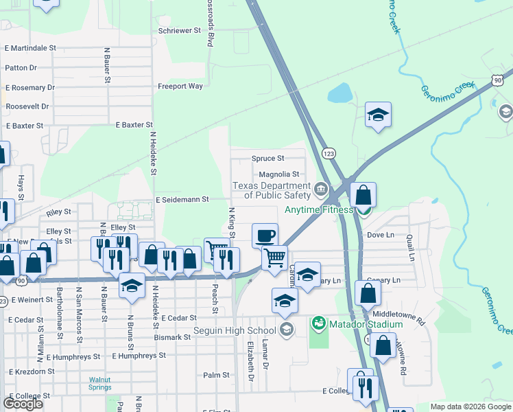 map of restaurants, bars, coffee shops, grocery stores, and more near 1136 Stanley Way in Seguin