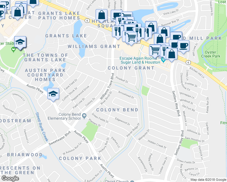 map of restaurants, bars, coffee shops, grocery stores, and more near 2707 River Birch Drive in Sugar Land
