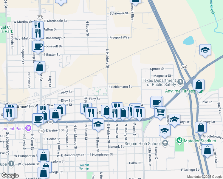 map of restaurants, bars, coffee shops, grocery stores, and more near 911 East Seidemann Street in Seguin