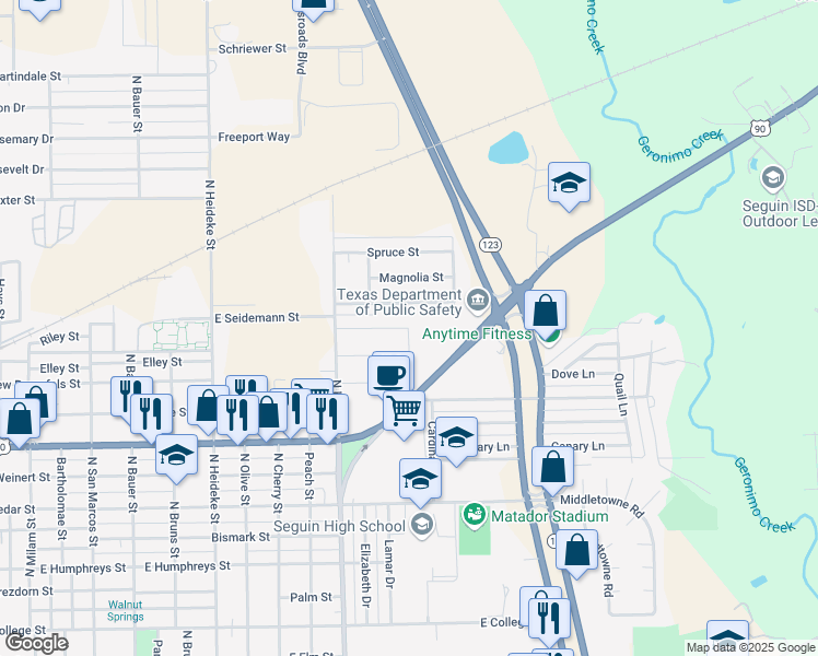 map of restaurants, bars, coffee shops, grocery stores, and more near Stanley Way in Seguin