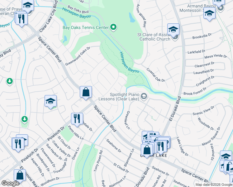 map of restaurants, bars, coffee shops, grocery stores, and more near 14919 Timberland Court in Houston