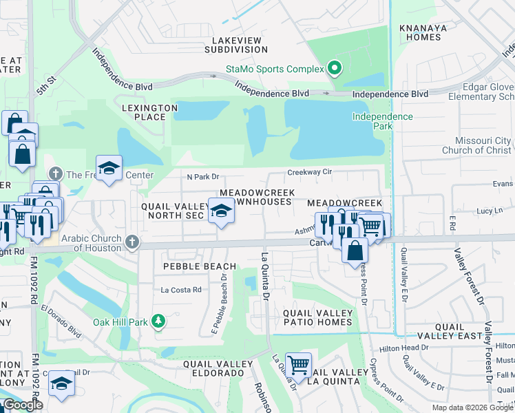 map of restaurants, bars, coffee shops, grocery stores, and more near 3004 Beecave Drive in Missouri City