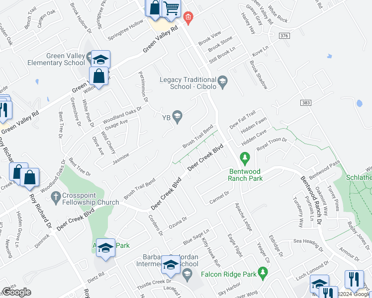 map of restaurants, bars, coffee shops, grocery stores, and more near 337 Brush Trail Bend in Cibolo