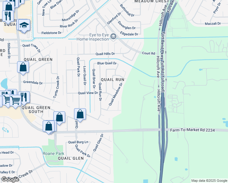 map of restaurants, bars, coffee shops, grocery stores, and more near 16630 Quiet Quail Drive in Missouri City