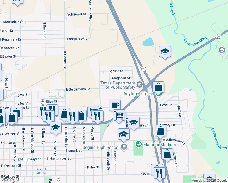 map of restaurants, bars, coffee shops, grocery stores, and more near 1136 Stanley Way in Seguin