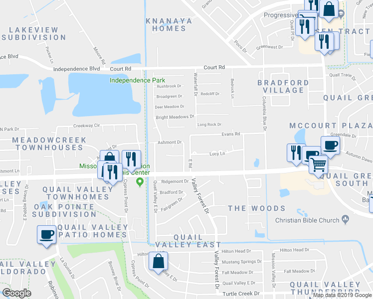 map of restaurants, bars, coffee shops, grocery stores, and more near 2315 Valley Bend Drive in Missouri City