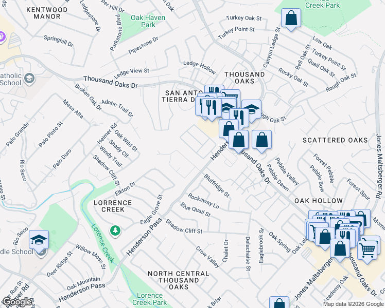 map of restaurants, bars, coffee shops, grocery stores, and more near 2327 Bluffridge Street in San Antonio