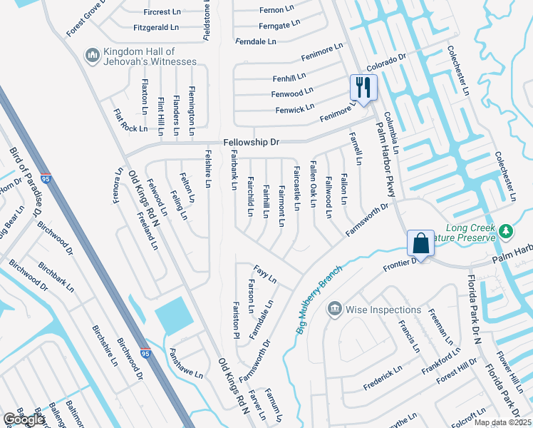 map of restaurants, bars, coffee shops, grocery stores, and more near 28 Fairhill Lane in Palm Coast