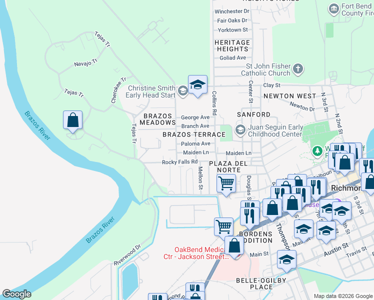 map of restaurants, bars, coffee shops, grocery stores, and more near 1804 Rocky Falls Road in Richmond
