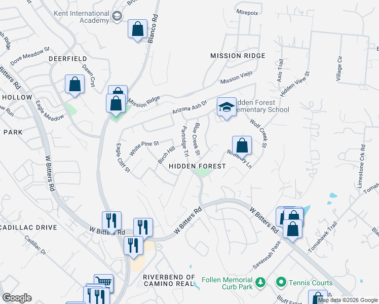 map of restaurants, bars, coffee shops, grocery stores, and more near 15606 Partridge Trail in San Antonio