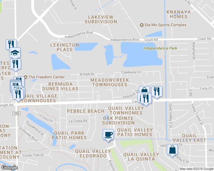 map of restaurants, bars, coffee shops, grocery stores, and more near 3099 Creekview Drive in Missouri City