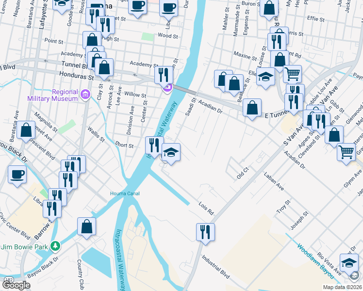 map of restaurants, bars, coffee shops, grocery stores, and more near 118 Daisy Street in Houma