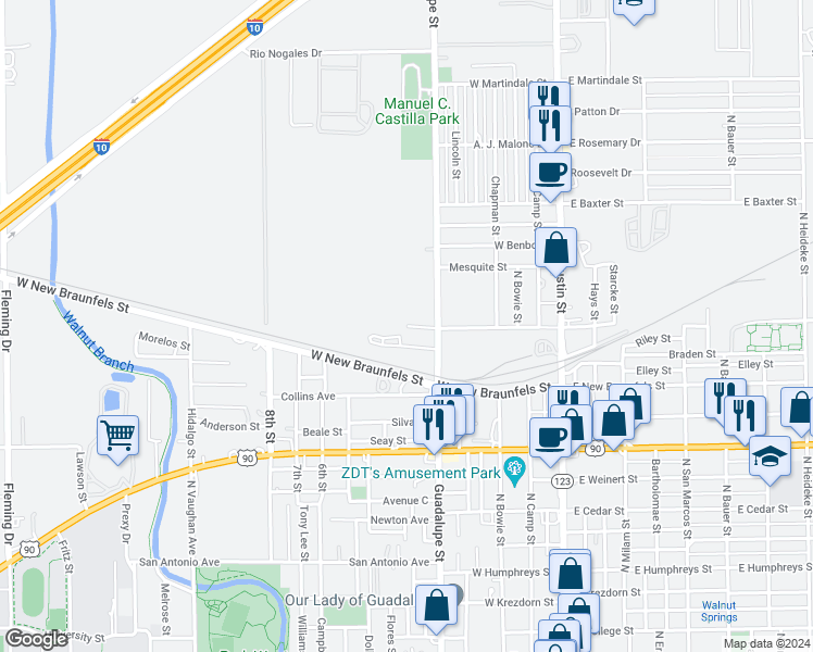 map of restaurants, bars, coffee shops, grocery stores, and more near 901 West Seideman Street in Seguin