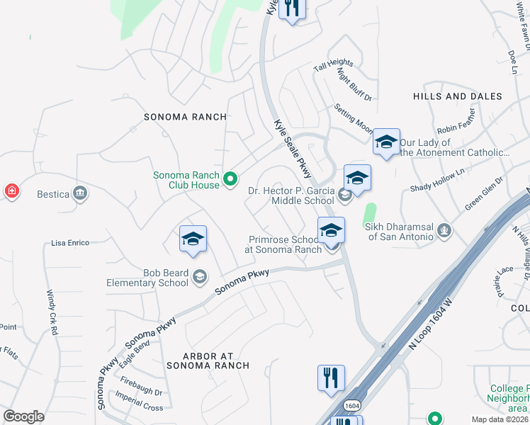 map of restaurants, bars, coffee shops, grocery stores, and more near 8502 Meaghan Mist in Helotes