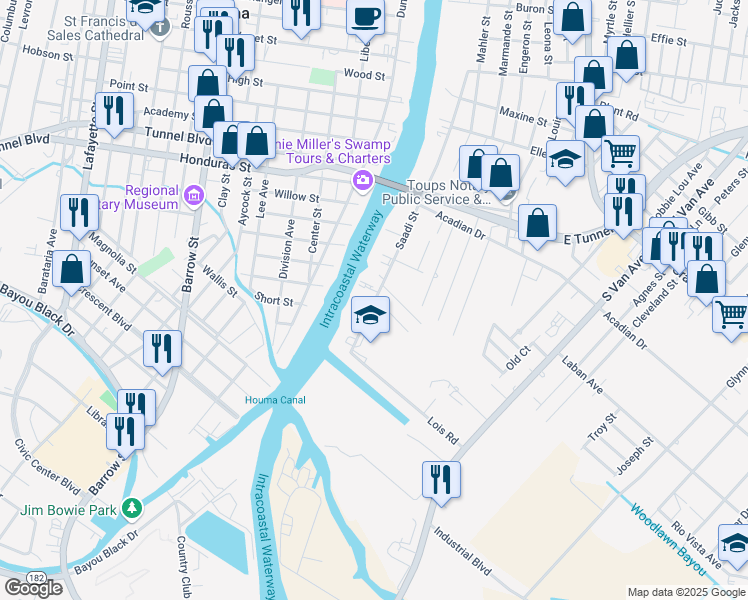 map of restaurants, bars, coffee shops, grocery stores, and more near 1020 Saadi Street in Houma