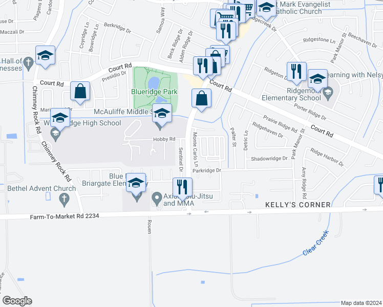 map of restaurants, bars, coffee shops, grocery stores, and more near 16547 South Post Oak Road in Houston