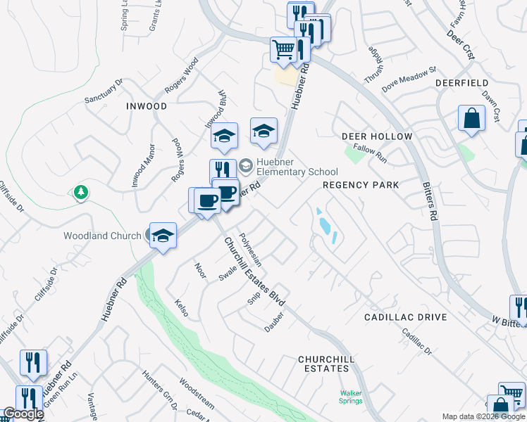 map of restaurants, bars, coffee shops, grocery stores, and more near 14930 Eminence in San Antonio
