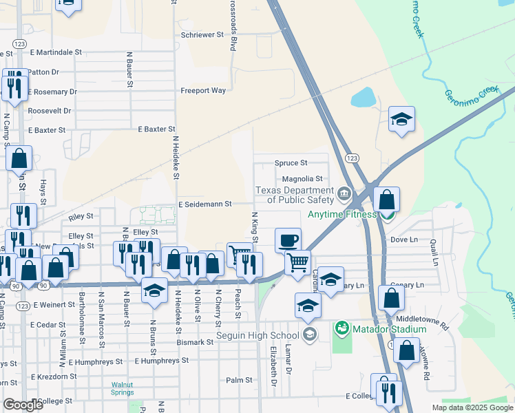 map of restaurants, bars, coffee shops, grocery stores, and more near 1105 Stanley Way in Seguin