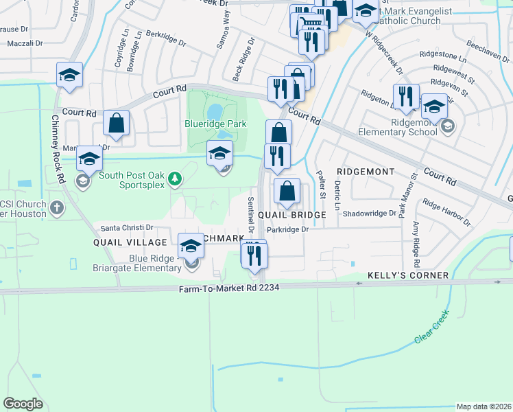 map of restaurants, bars, coffee shops, grocery stores, and more near 16618 Sentinel Drive in Houston