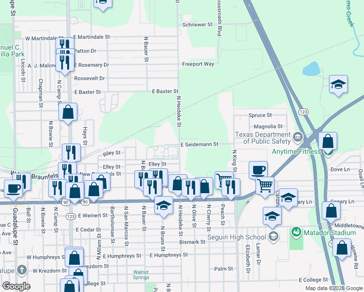 map of restaurants, bars, coffee shops, grocery stores, and more near 1561 North Heideke Street in Seguin