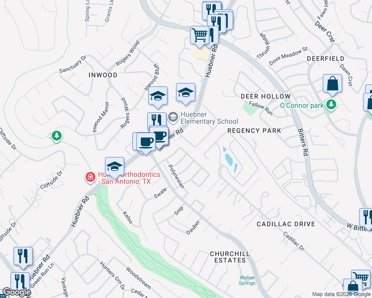 map of restaurants, bars, coffee shops, grocery stores, and more near 14930 Eminence in San Antonio