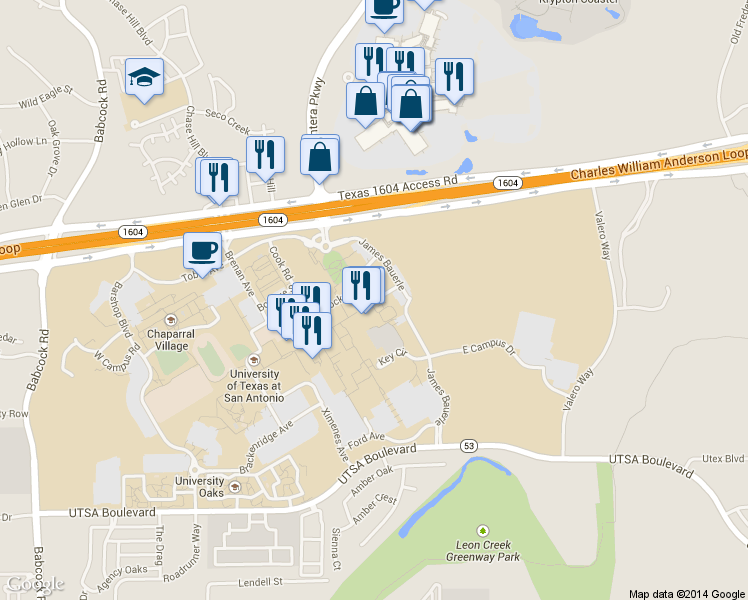 map of restaurants, bars, coffee shops, grocery stores, and more near 1 UTSA Circle in San Antonio