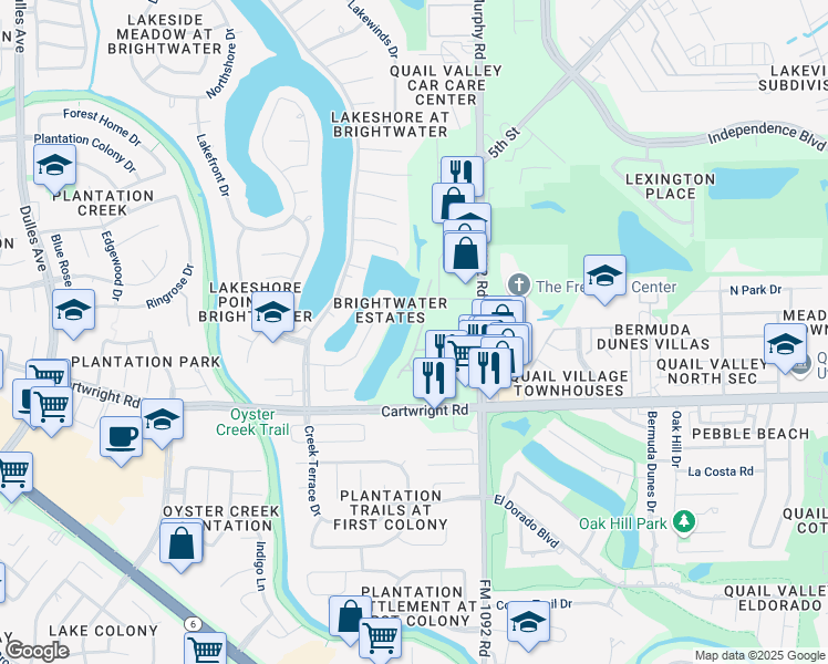 map of restaurants, bars, coffee shops, grocery stores, and more near 2226 Waterford Park Street in Missouri City