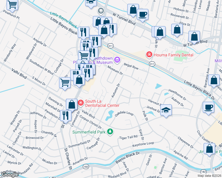 map of restaurants, bars, coffee shops, grocery stores, and more near 141 Autumn Drive in Houma