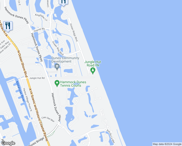 map of restaurants, bars, coffee shops, grocery stores, and more near 39 Ocean Ridge Boulevard South in Palm Coast