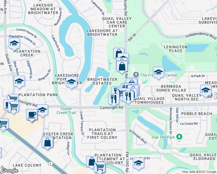 map of restaurants, bars, coffee shops, grocery stores, and more near 2226 Waterford Park Street in Missouri City