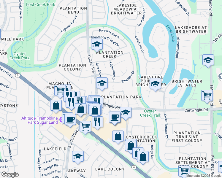 map of restaurants, bars, coffee shops, grocery stores, and more near 4530 Connies Court Lane in Missouri City