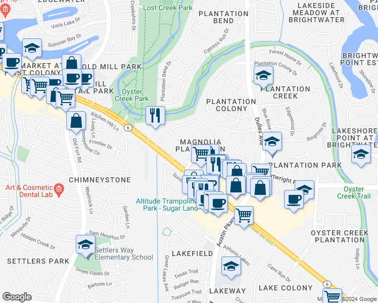 map of restaurants, bars, coffee shops, grocery stores, and more near 4326 Merriweather Street in Sugar Land