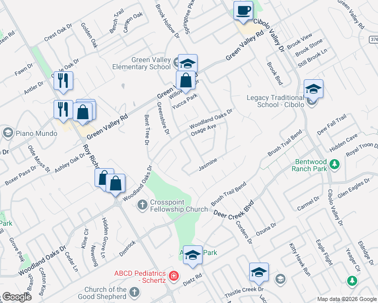 map of restaurants, bars, coffee shops, grocery stores, and more near 1528 Juniper Lane in Schertz