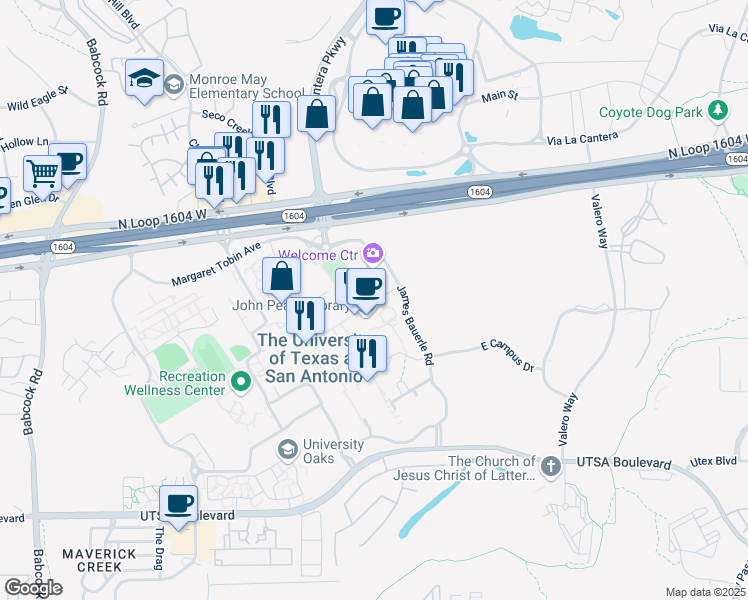 map of restaurants, bars, coffee shops, grocery stores, and more near 1 UTSA Circle in San Antonio