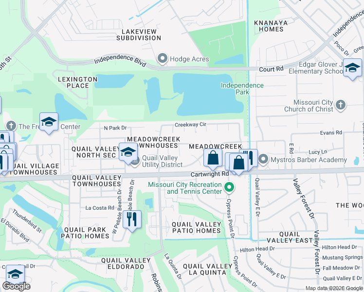 map of restaurants, bars, coffee shops, grocery stores, and more near 2306 Oakview Drive in Missouri City