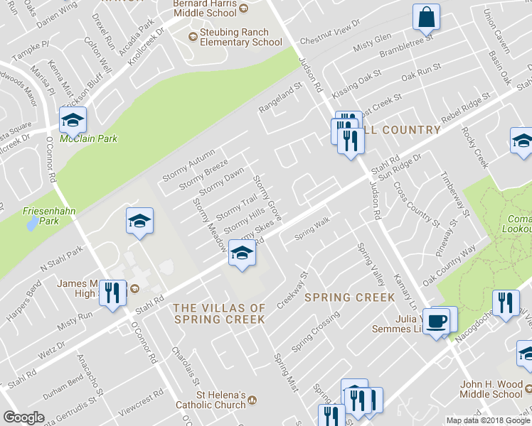 map of restaurants, bars, coffee shops, grocery stores, and more near 5334 Stormy Hill in San Antonio