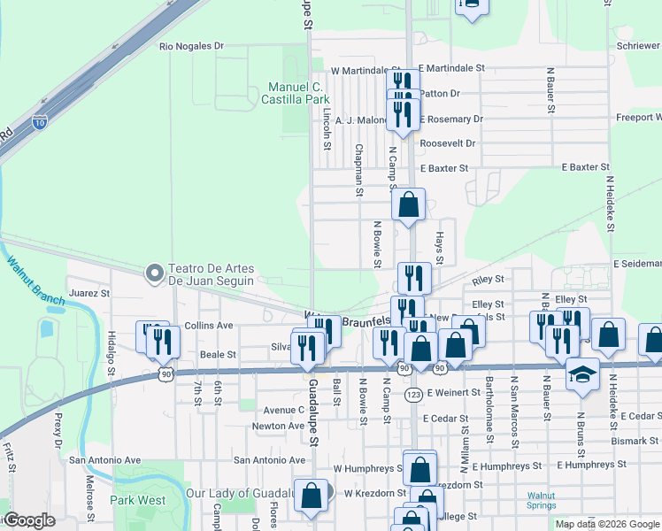 map of restaurants, bars, coffee shops, grocery stores, and more near 424 West Seideman Street in Seguin
