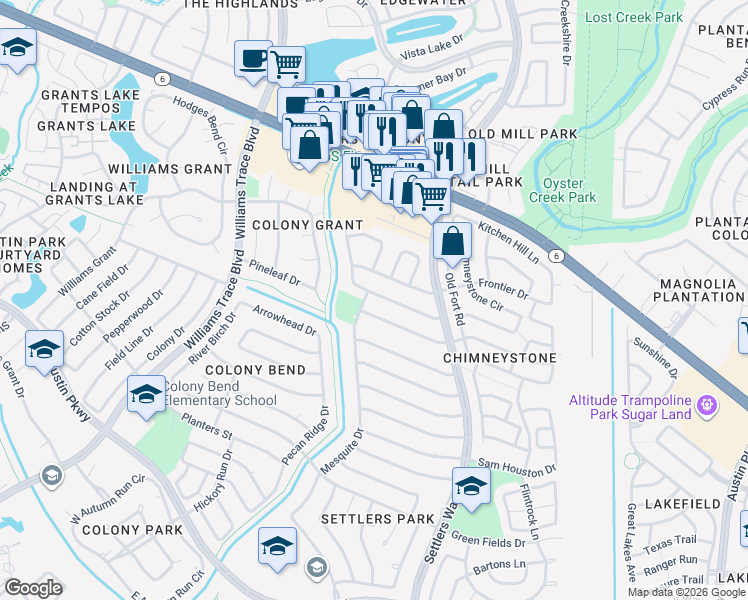 map of restaurants, bars, coffee shops, grocery stores, and more near 3006 Jenny Drive in Sugar Land