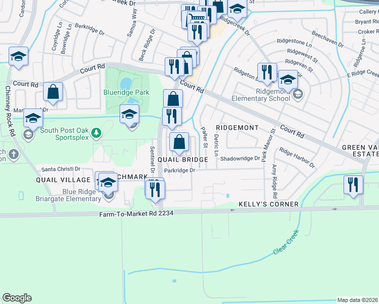 map of restaurants, bars, coffee shops, grocery stores, and more near 5423 Quail Cove Lane in Houston