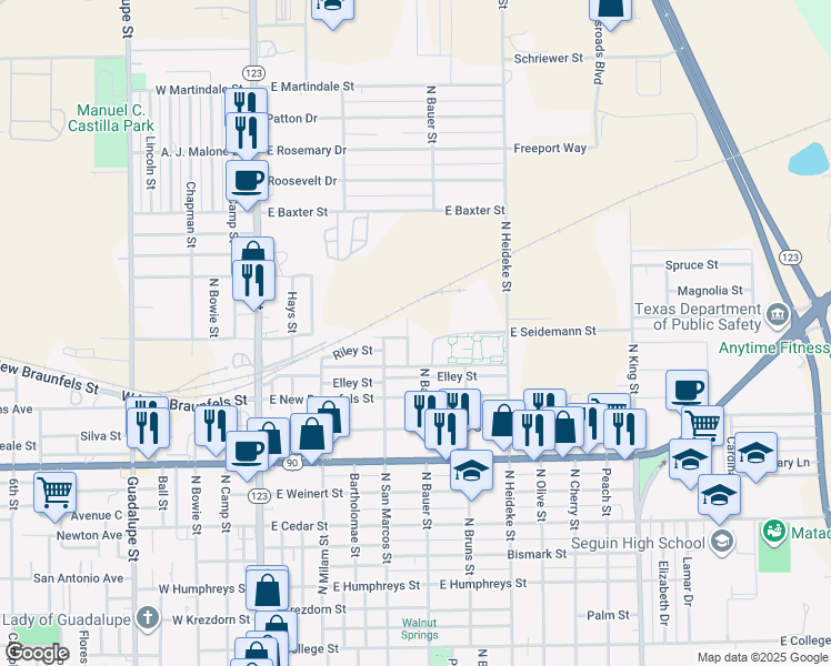 map of restaurants, bars, coffee shops, grocery stores, and more near 1555 Sunset Street in Seguin
