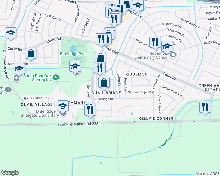 map of restaurants, bars, coffee shops, grocery stores, and more near 5423 Quail Cove Lane in Houston