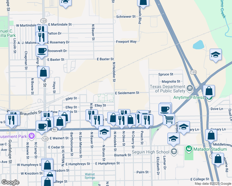 map of restaurants, bars, coffee shops, grocery stores, and more near 1561 North Heideke Street in Seguin