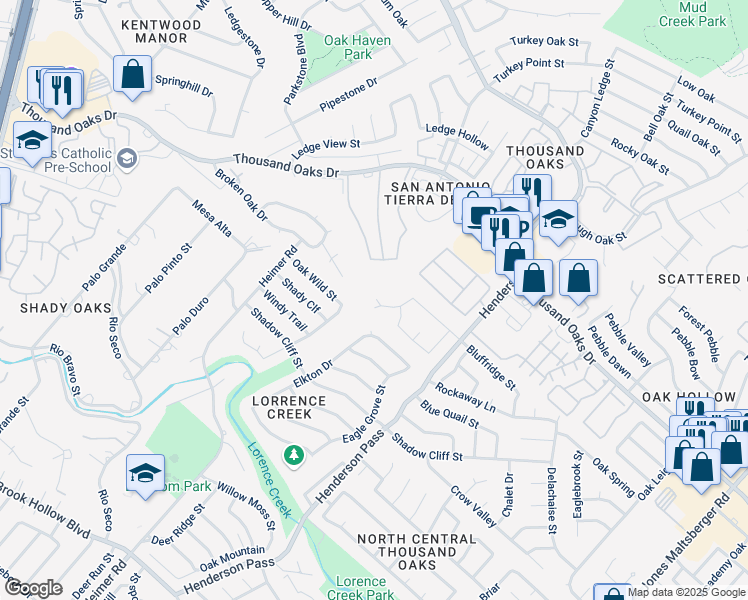 map of restaurants, bars, coffee shops, grocery stores, and more near 15206 Wayside Oaks in San Antonio