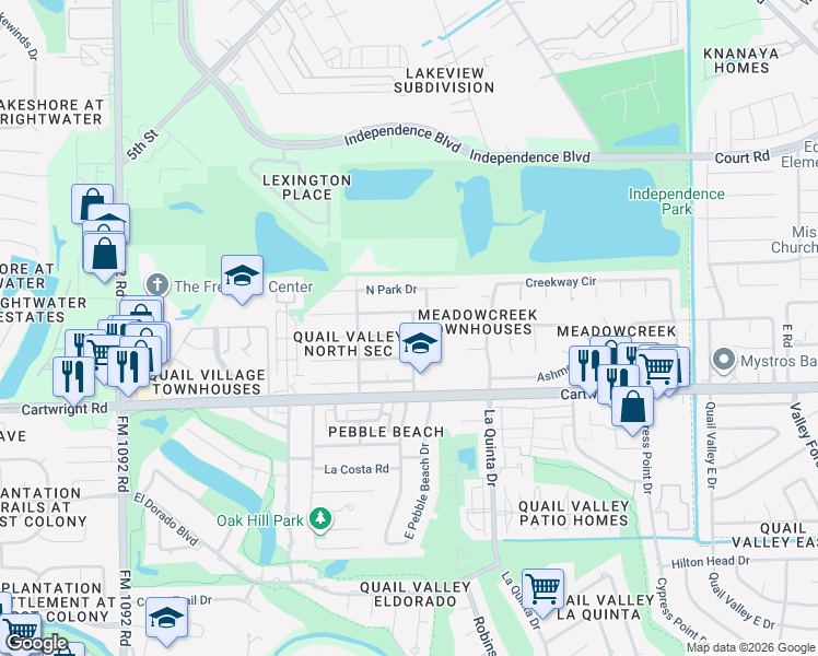 map of restaurants, bars, coffee shops, grocery stores, and more near 3206 Greenridge Drive in Missouri City