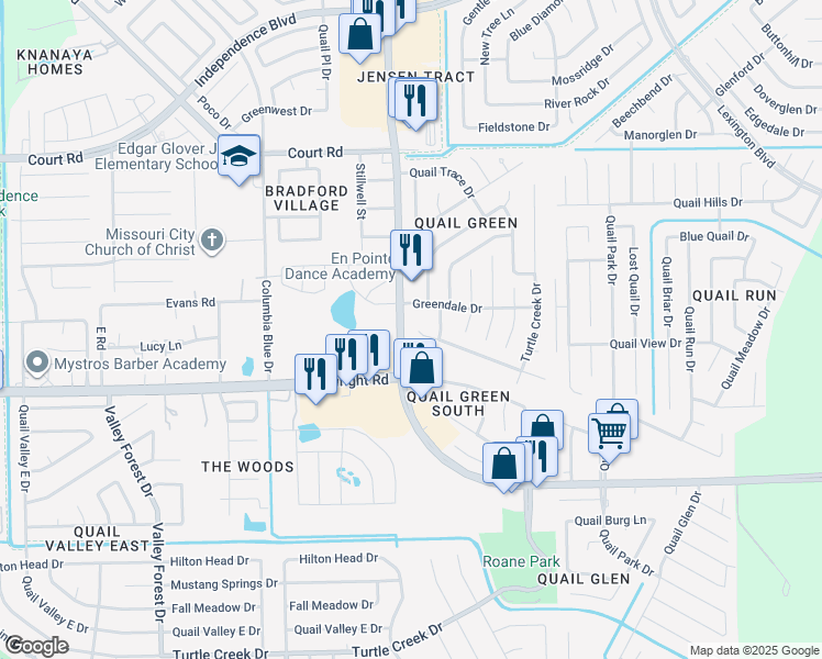 map of restaurants, bars, coffee shops, grocery stores, and more near 2915 Texas Parkway in Missouri City