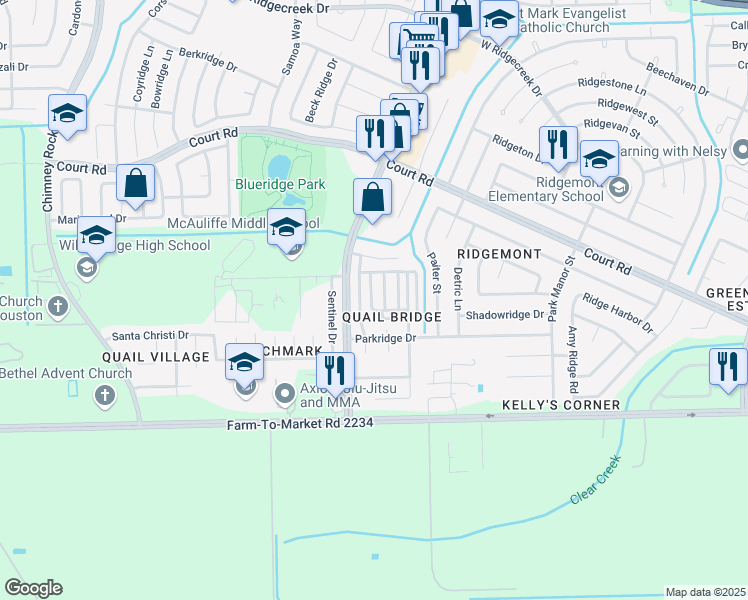map of restaurants, bars, coffee shops, grocery stores, and more near 5492 Quail Cove Lane in Houston