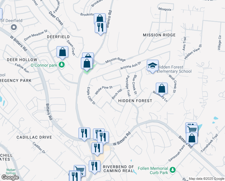 map of restaurants, bars, coffee shops, grocery stores, and more near 1113 White Pine Street in San Antonio