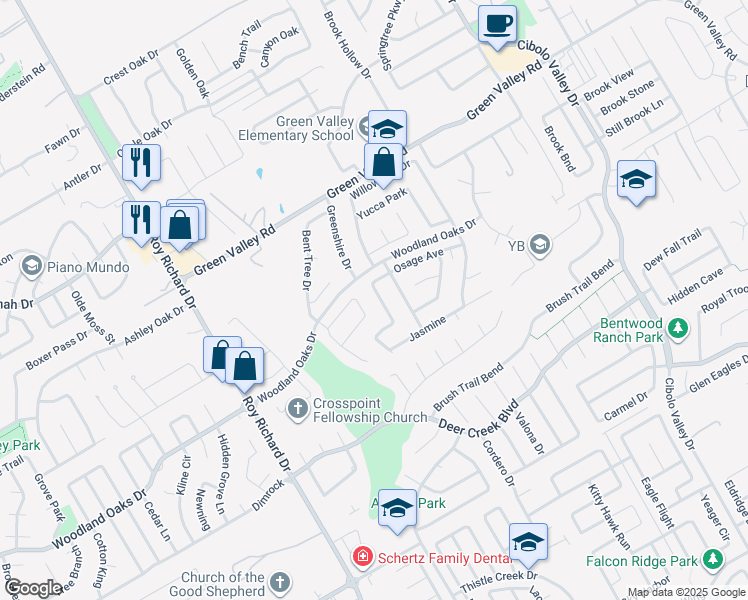 map of restaurants, bars, coffee shops, grocery stores, and more near 2855 Olive Avenue in Schertz