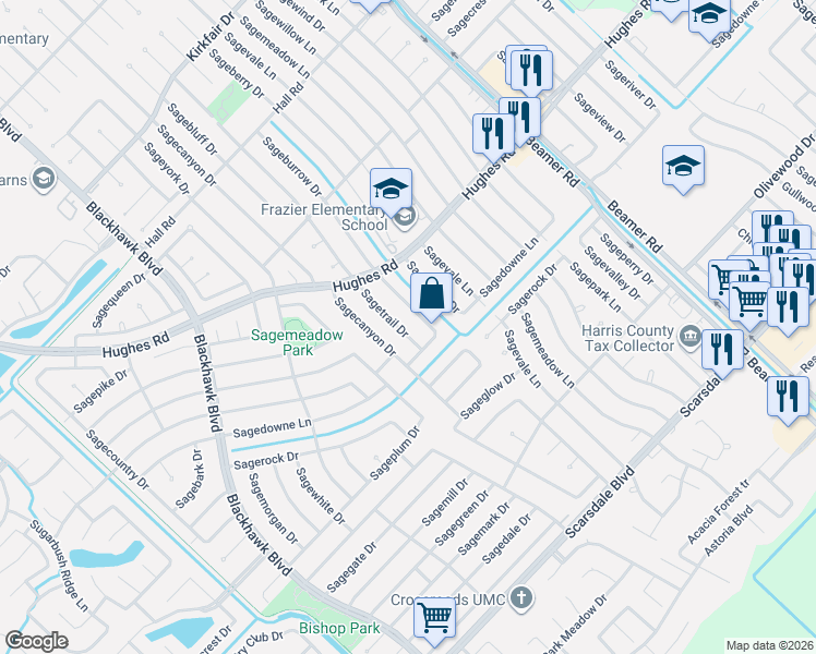 map of restaurants, bars, coffee shops, grocery stores, and more near 11222 Sageburrow Drive in Houston